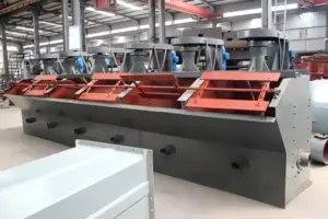 Flotation cell bank in a mineral processing equipment workshop