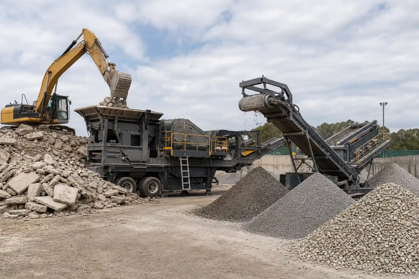 Construction waste crushing process with mobile crusher magnetic separator and screening plant