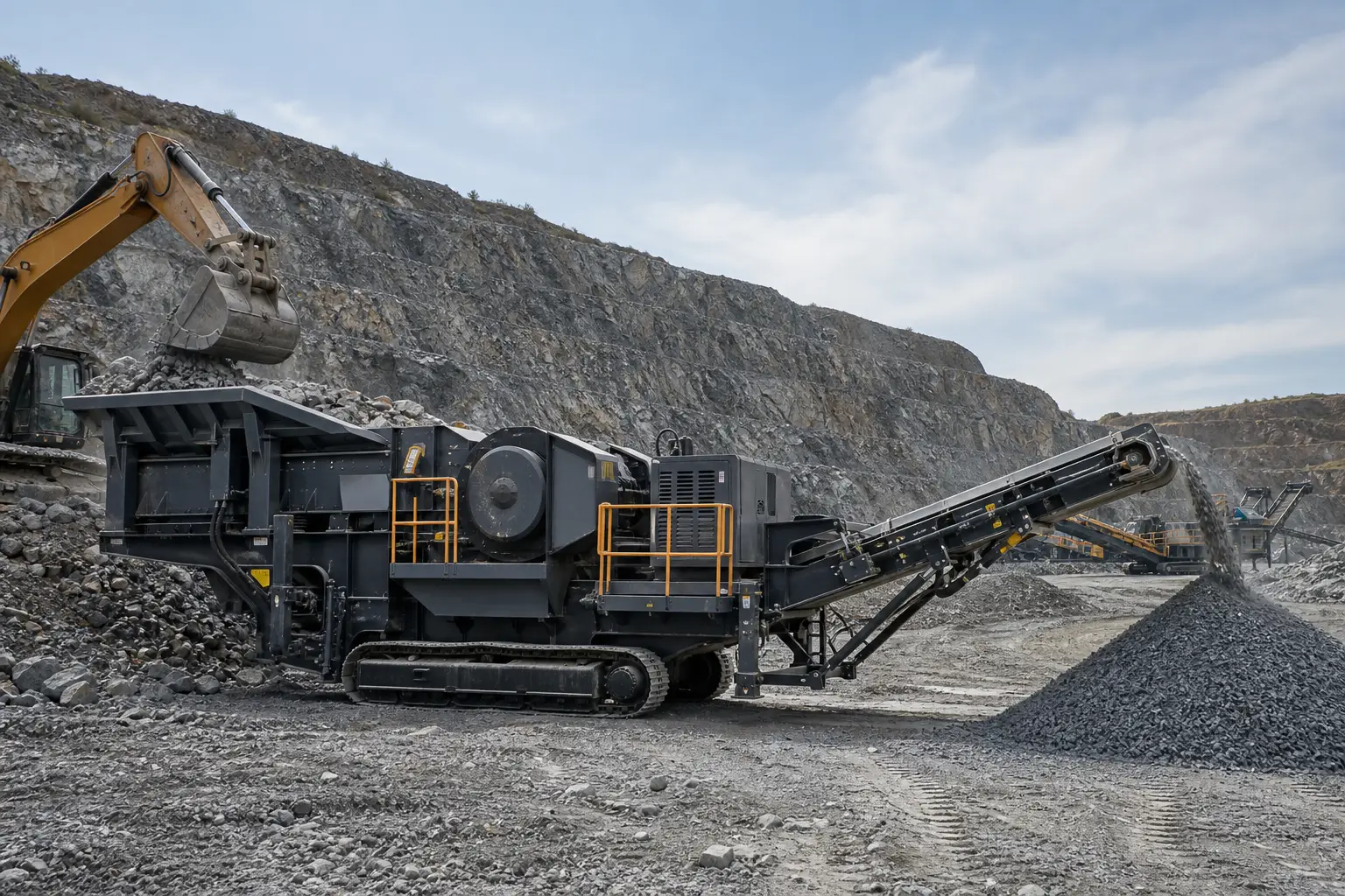 Crawler mobile crusher operating on a prepared rough-rock quarry bench