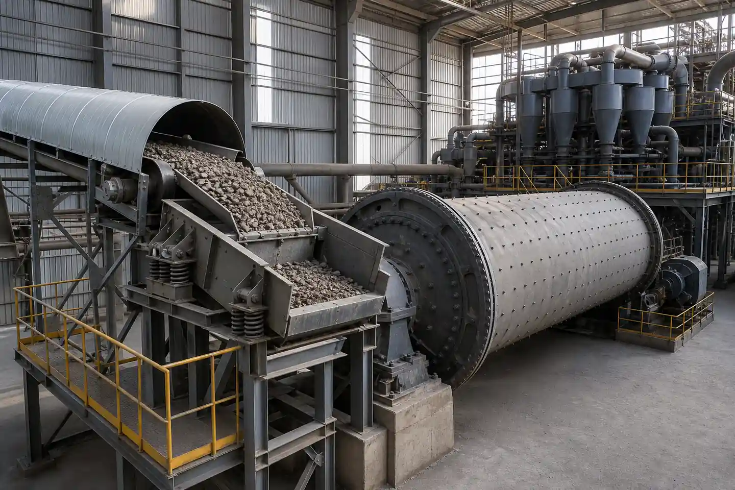 Controlled crushed ore feed entering a ball mill grinding circuit