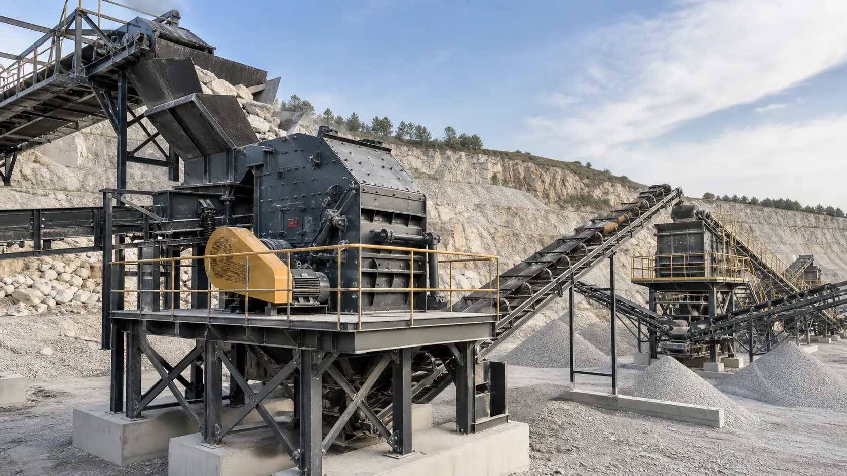 Impact crushing for limestone with crusher conveyors and screening stage in a quarry plant