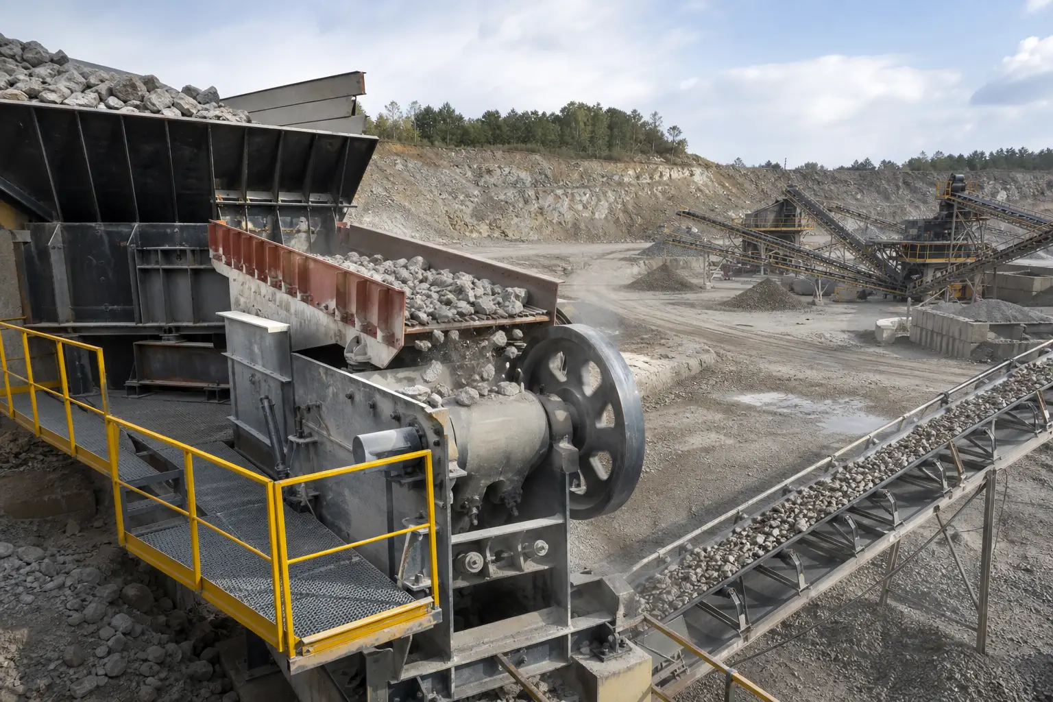 Jaw crusher feed size control with hopper feeder crusher and conveyor in fixed crushing line