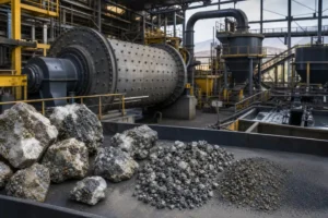 Ore liberation grinding size progression beside a mineral processing ball mill
