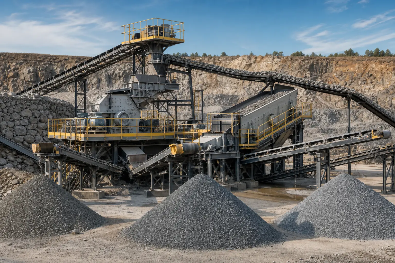Secondary crushing and screening flow with crusher screen conveyors and aggregate piles