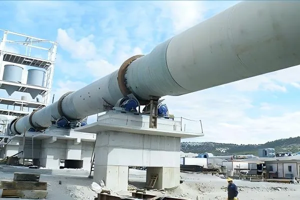 Installed cement rotary kiln shell and support stations for clinker production