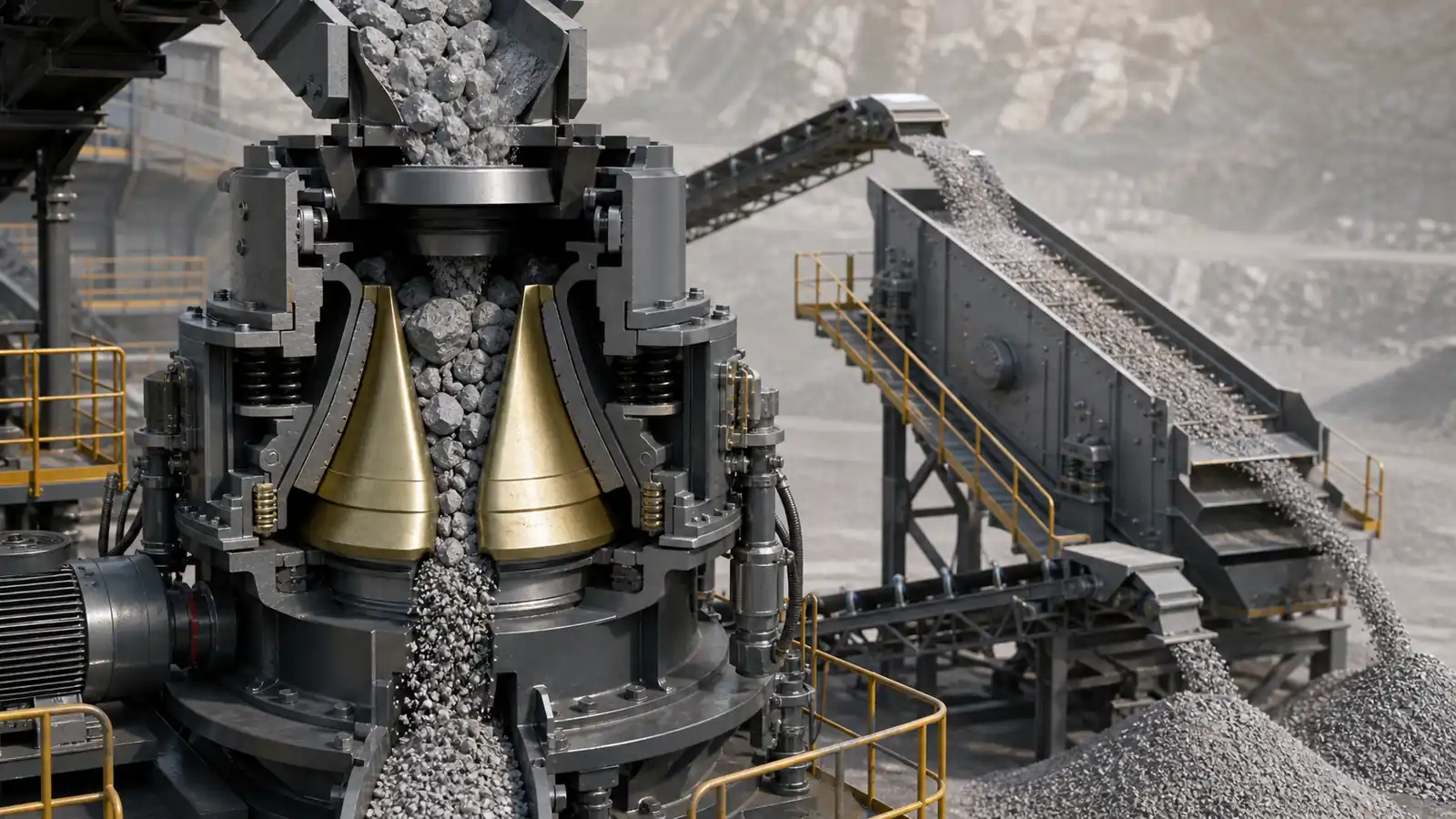 Illustrative cone crusher cutaway showing the closed side gap and screening circuit
