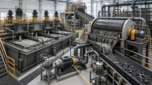 Illustrative ore beneficiation plant with flotation cells and wet drum magnetic separator
