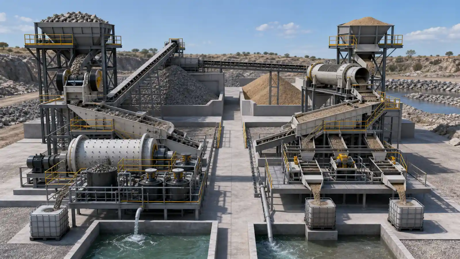 Illustrative rock and alluvial gold ore beneficiation equipment routes