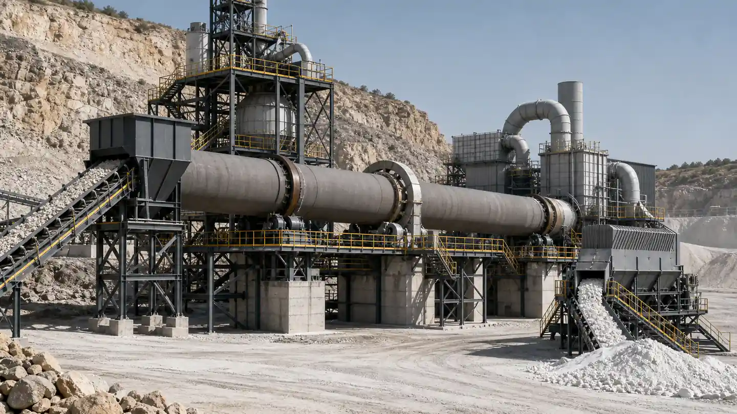 Complete lime calcination line with limestone feed rotary kiln cooler and exhaust handling