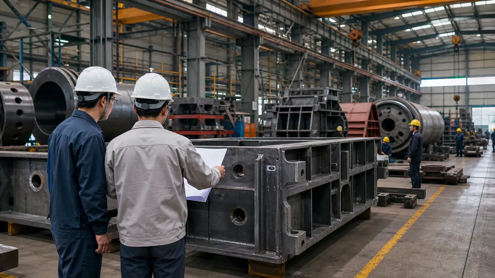 Engineers evaluating heavy mining equipment manufacturing inside an industrial workshop