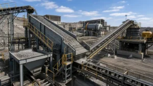 Illustrative ore plant with vibrating screen oversize return crushing and ball mill feed