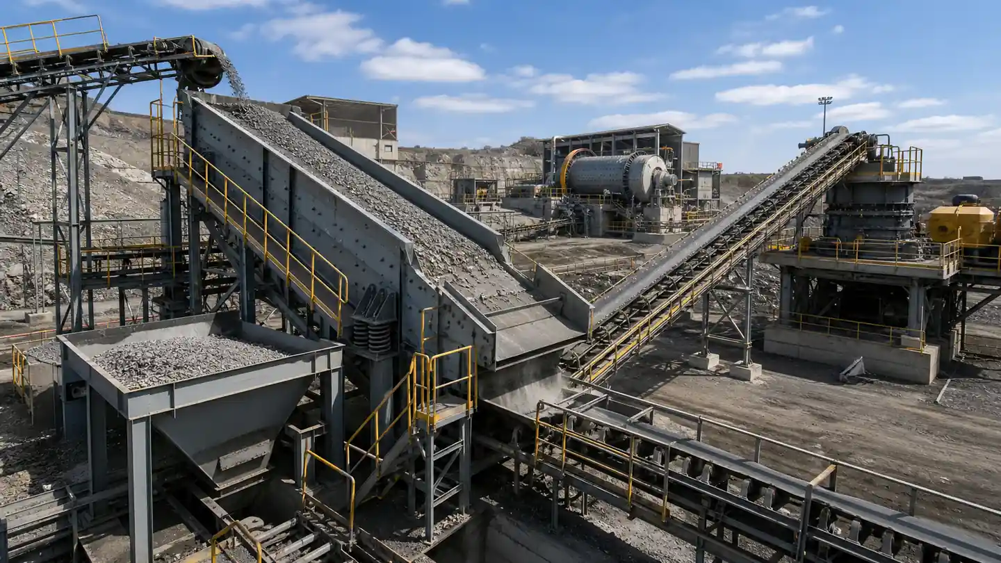 Illustrative ore plant with vibrating screen oversize return crushing and ball mill feed